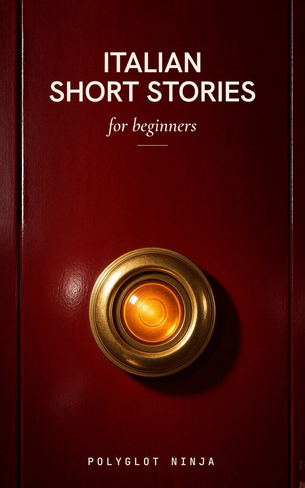 Italian Short Stories for Beginners, the cover: a dark red door with a brass peephole